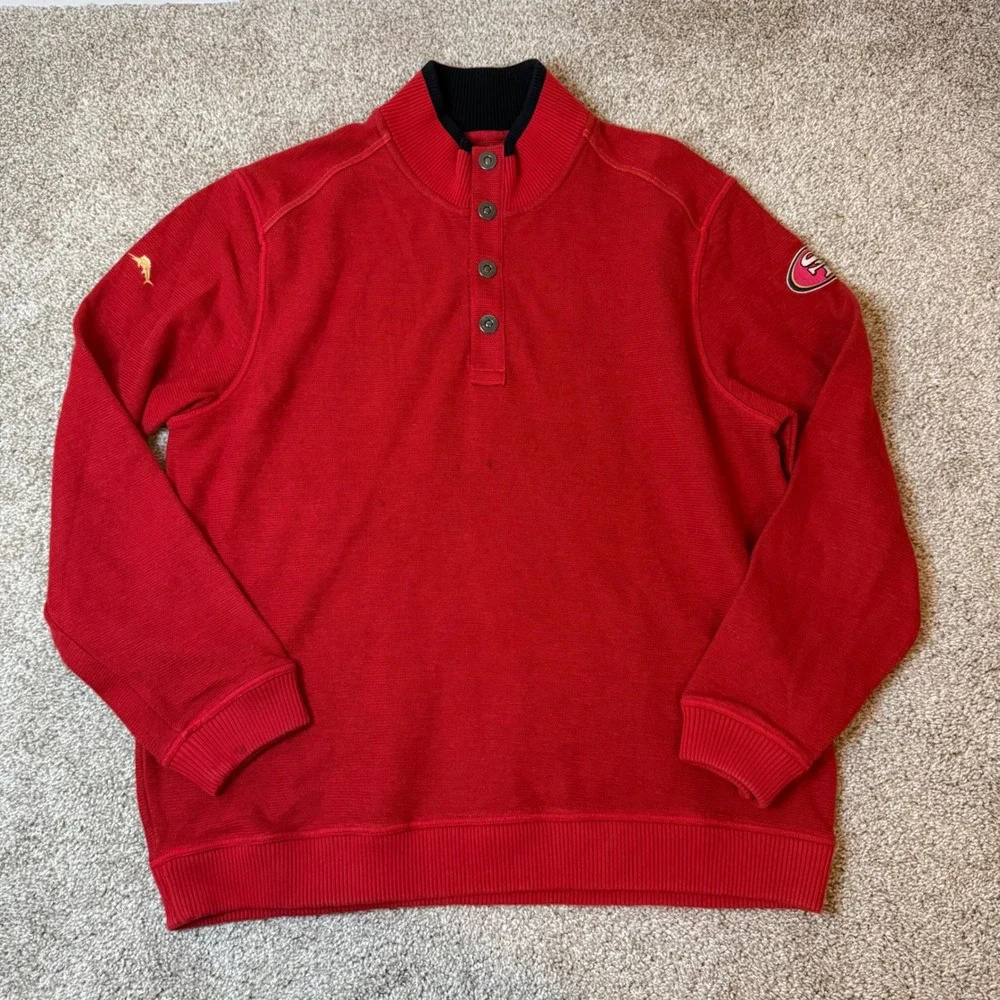 Tommy Bahama Pullover Mens Large Red San Francisco 49ers NFL Quarter Button Knit